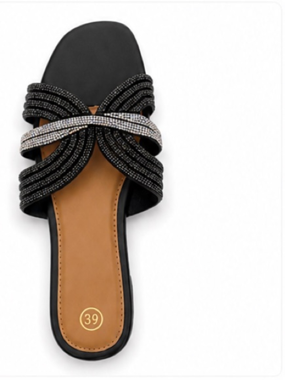 Women’s Rhinestone Slide Sandals – Black Flat Slip-On Shoes